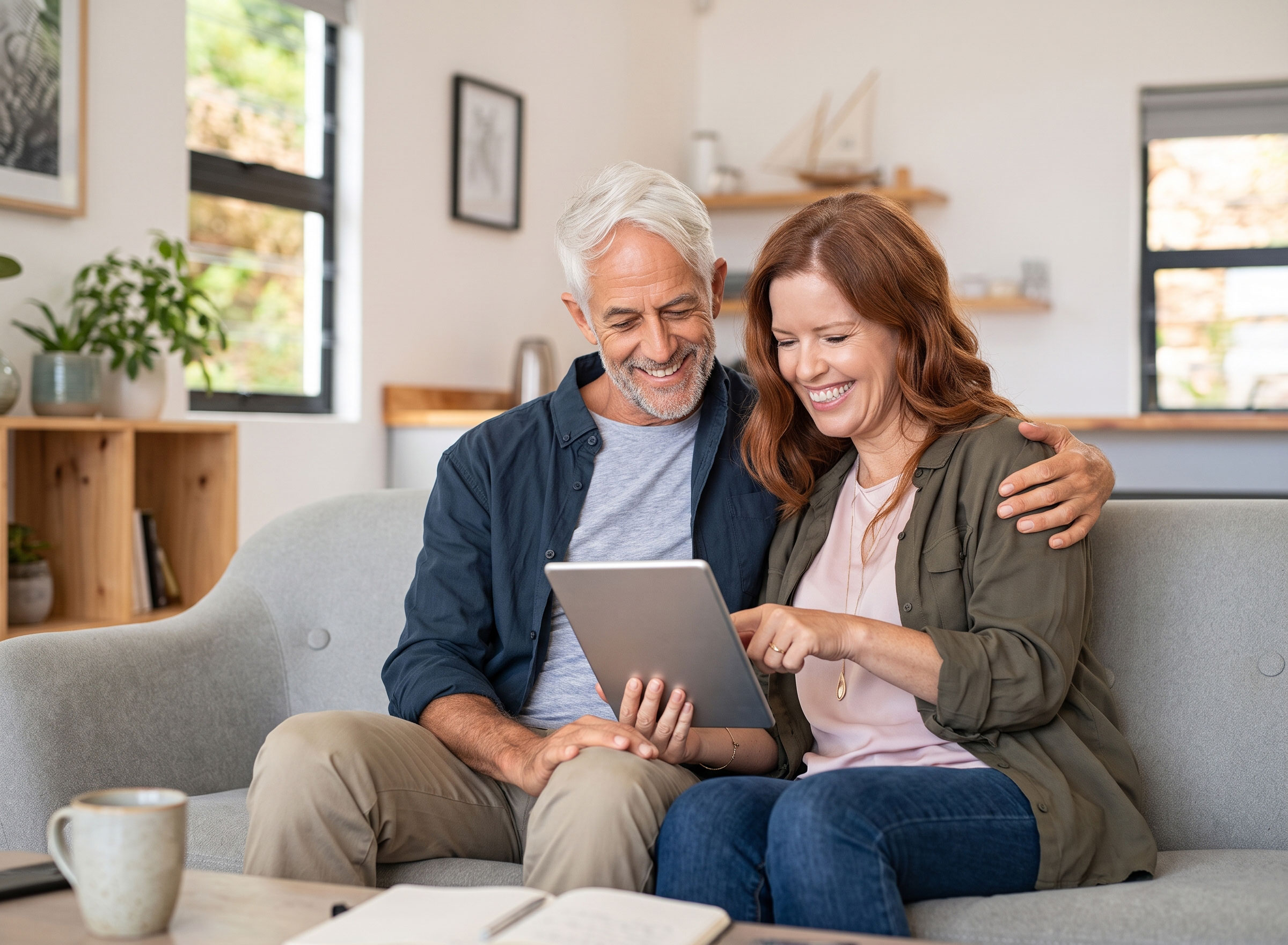 Couple using online banking and consumer savings tools on a tablet.